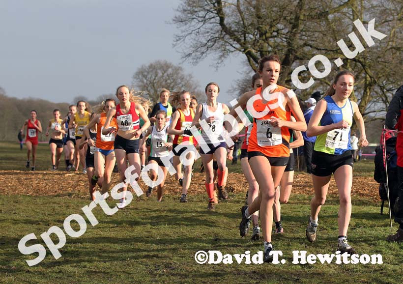 No 6 Abbie Hetherington (Border) and Tessa McCormick (Vale Royal) lead soon after the start of the under-20 womens Northern Cross Country Champs, Knowsley Safari Park. Photo: David T. Hewitson/Sports for All Pics